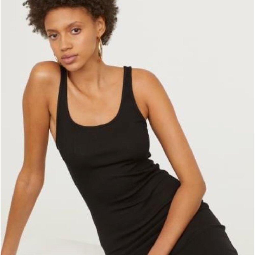 H&M Black Ribbed Bodycon Knit Midi Tank Dress
